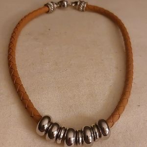 Brighton braided leather necklace with silver tone circles